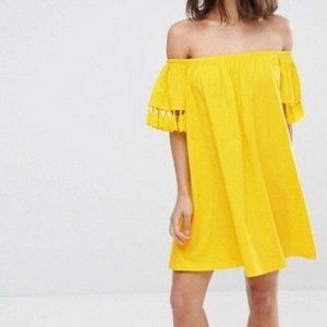 ASOS Off Shoulder Tassel Yellow Mini Sun Dress